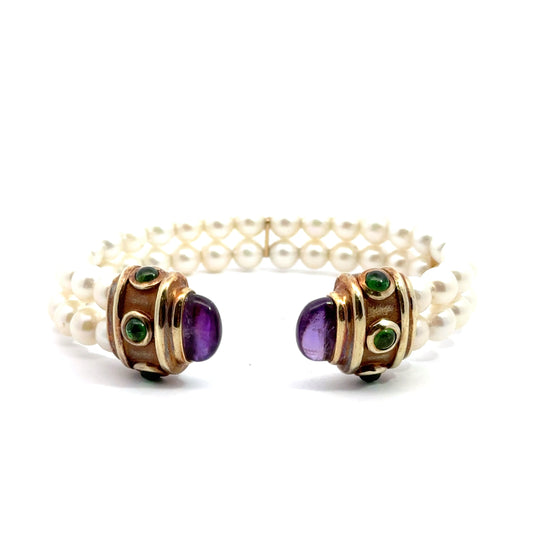 14K Yellow Gold Double-Strand Pearl, Emerald & Amethyst Bracelet