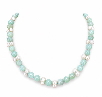 C.W.     Vintage Jade and Pearl Strand Necklace with Sculptural 18K Gold Clasp