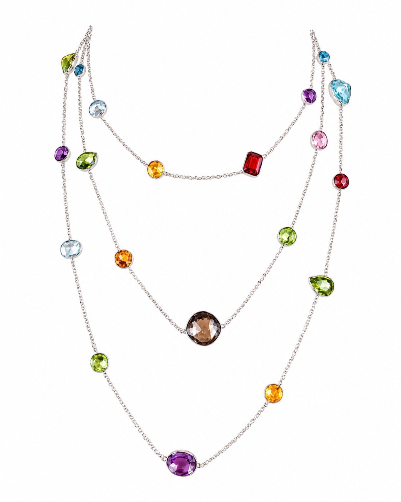 Long 14K White Gold Multicolor Gemstone Station Necklace, 49 Inch Layering Necklace