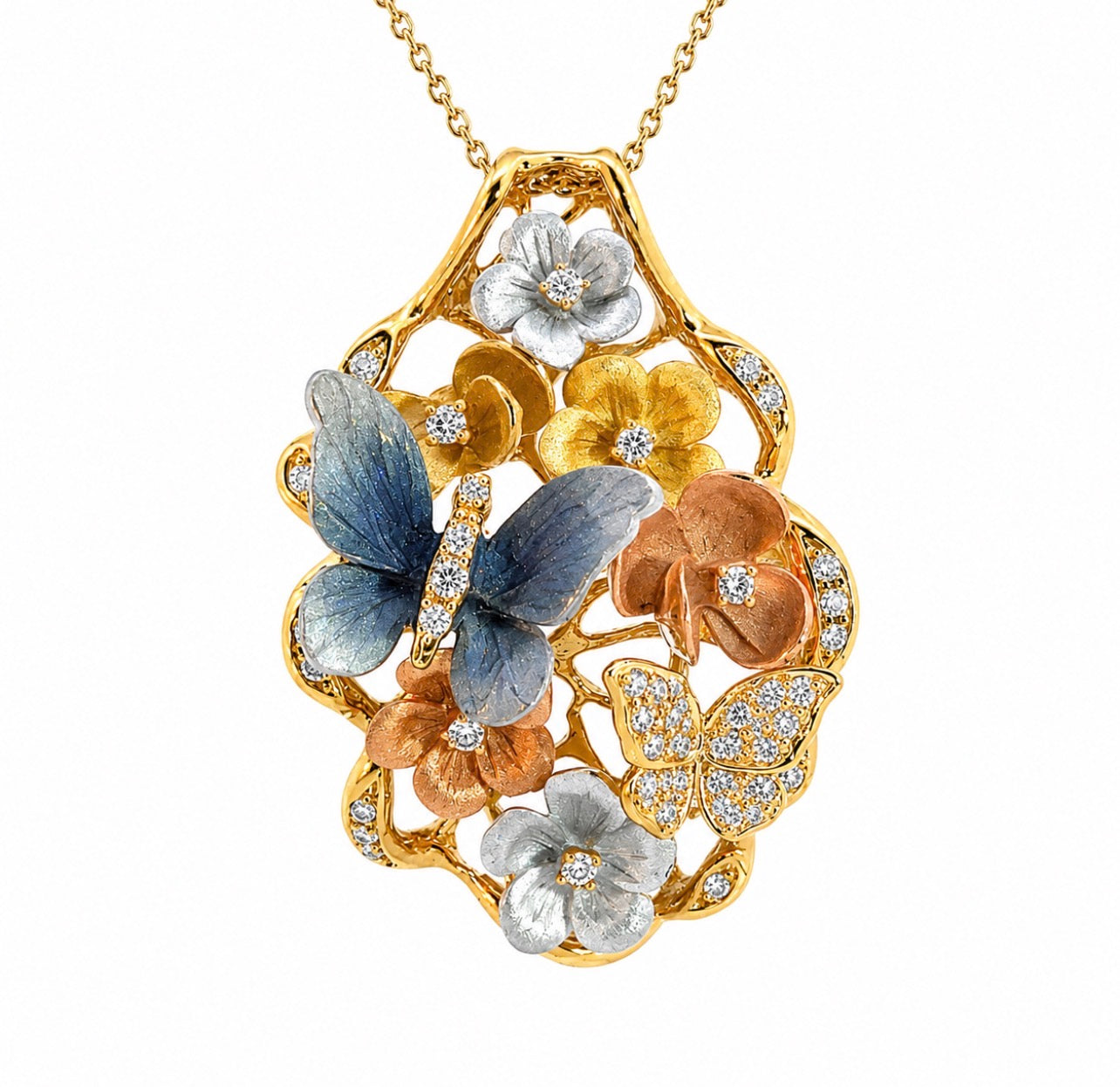 18K Yellow Gold & Diamond Butterfly & Flower Pendant