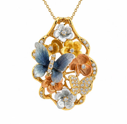 18K Yellow Gold & Diamond Butterfly & Flower Pendant