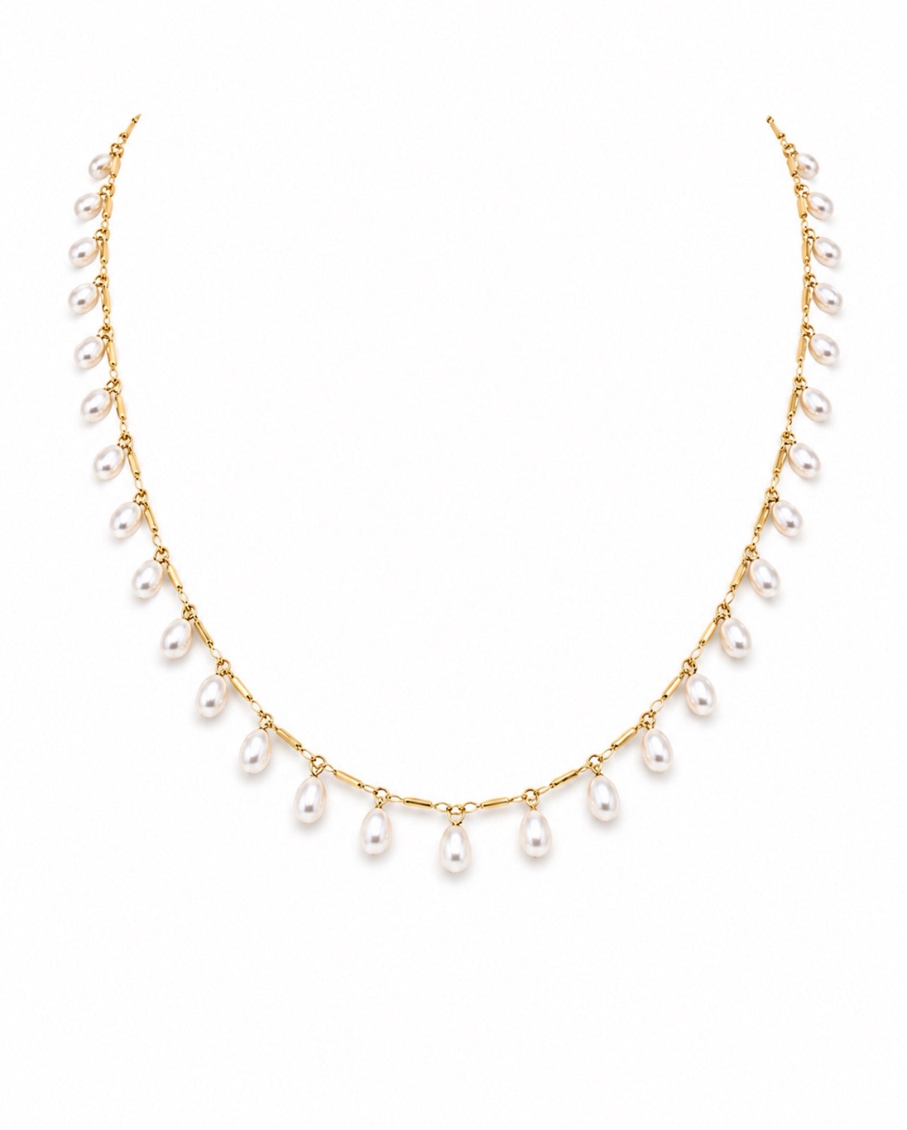 14K Yellow Gold Chain Necklace with Oval Pearl Drops