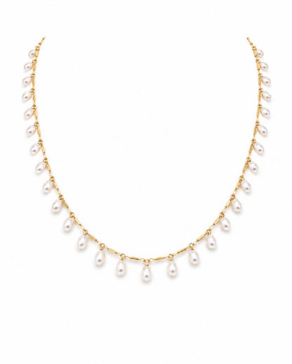 14K Yellow Gold Chain Necklace with Oval Pearl Drops