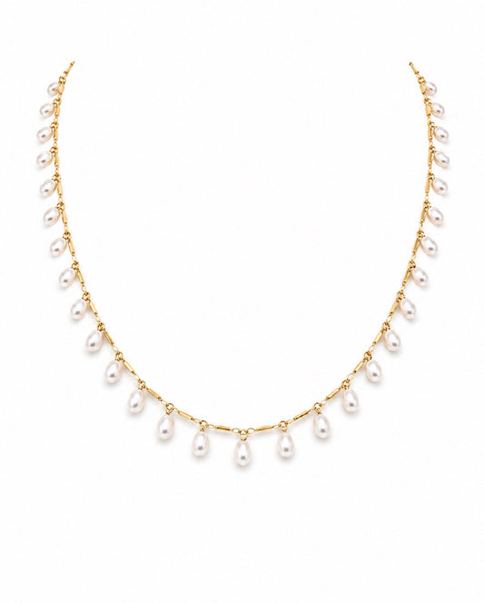 14K Yellow Gold Chain Necklace with Oval Pearl Drops