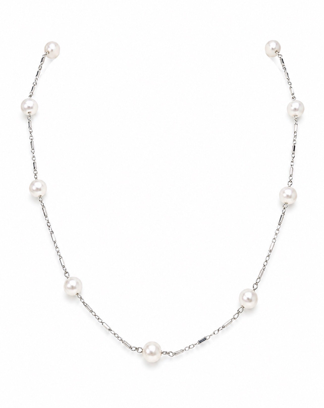 Vintage 14K White Gold Pearl Station Necklace – 12 AAA Pearls