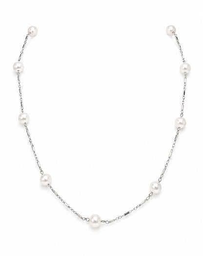 Vintage 14K White Gold Pearl Station Necklace – 12 AAA Pearls