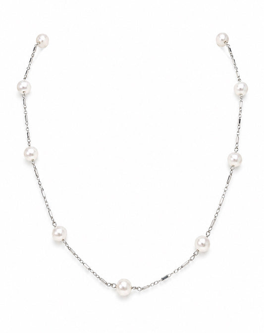 Vintage 14K White Gold Pearl Station Necklace – 12 AAA Pearls
