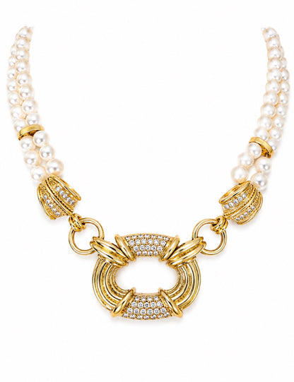 Vintage 1950's South Sea Pearl & Diamond Necklace in 18K Yellow Gold