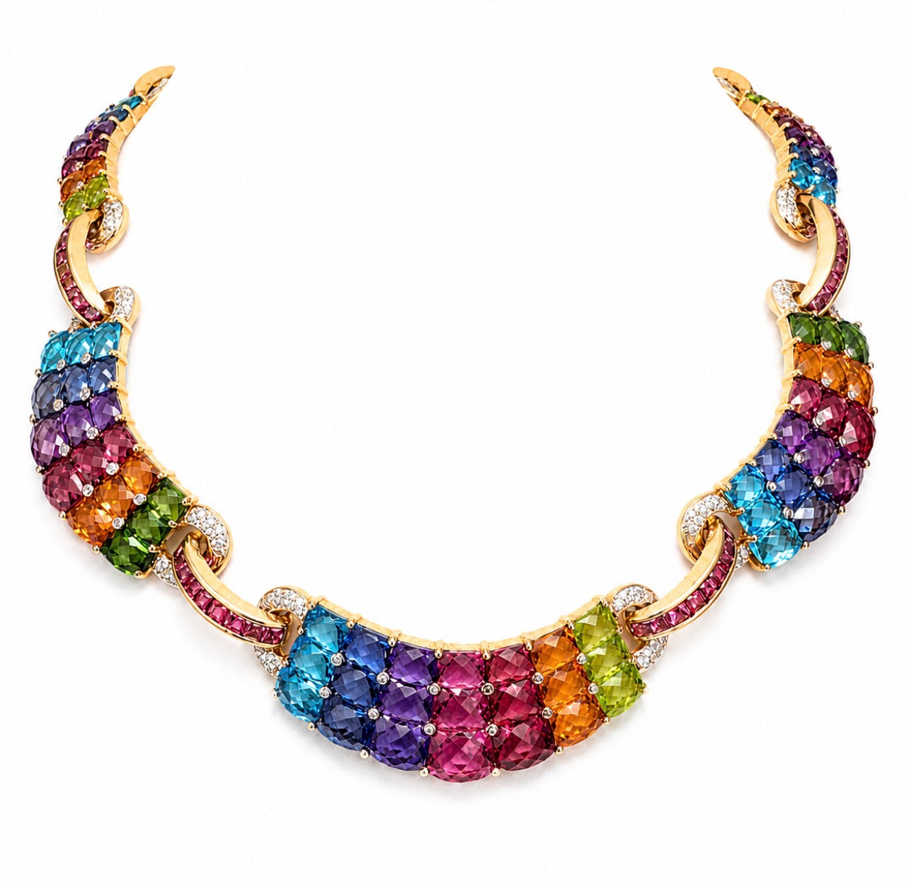 Luxury 18K Gold Rainbow Gemstone Necklace with Diamonds – 70CT Natural Stones, 16”