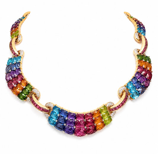 Luxury 18K Gold Rainbow Gemstone Necklace with Diamonds – 70CT Natural Stones, 16”