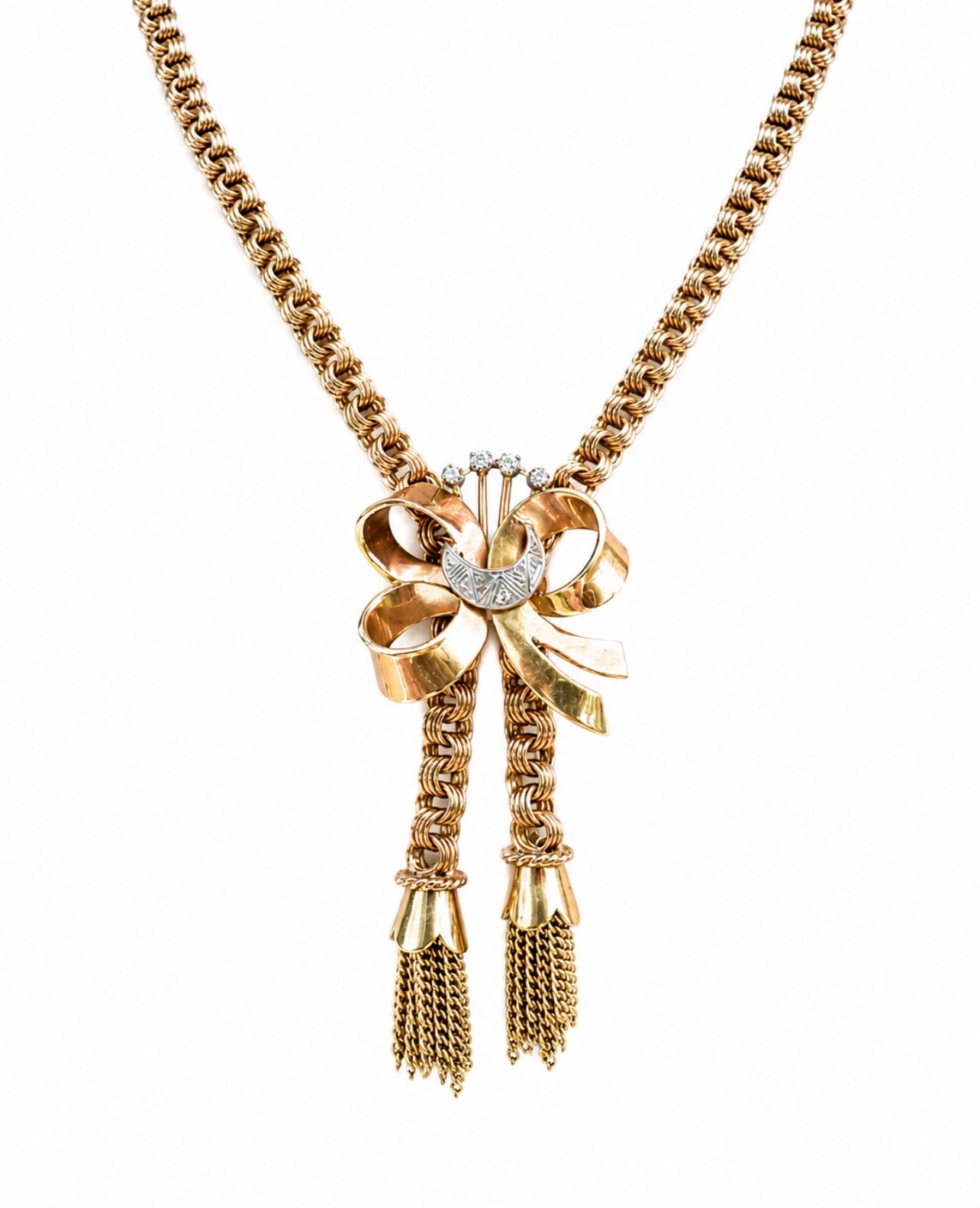 Retro 18K Rose Gold Bow & Tassel Necklace with Diamond Crescent Moon