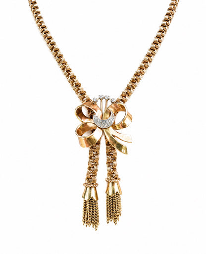 Retro 18K Rose Gold Bow & Tassel Necklace with Diamond Crescent Moon