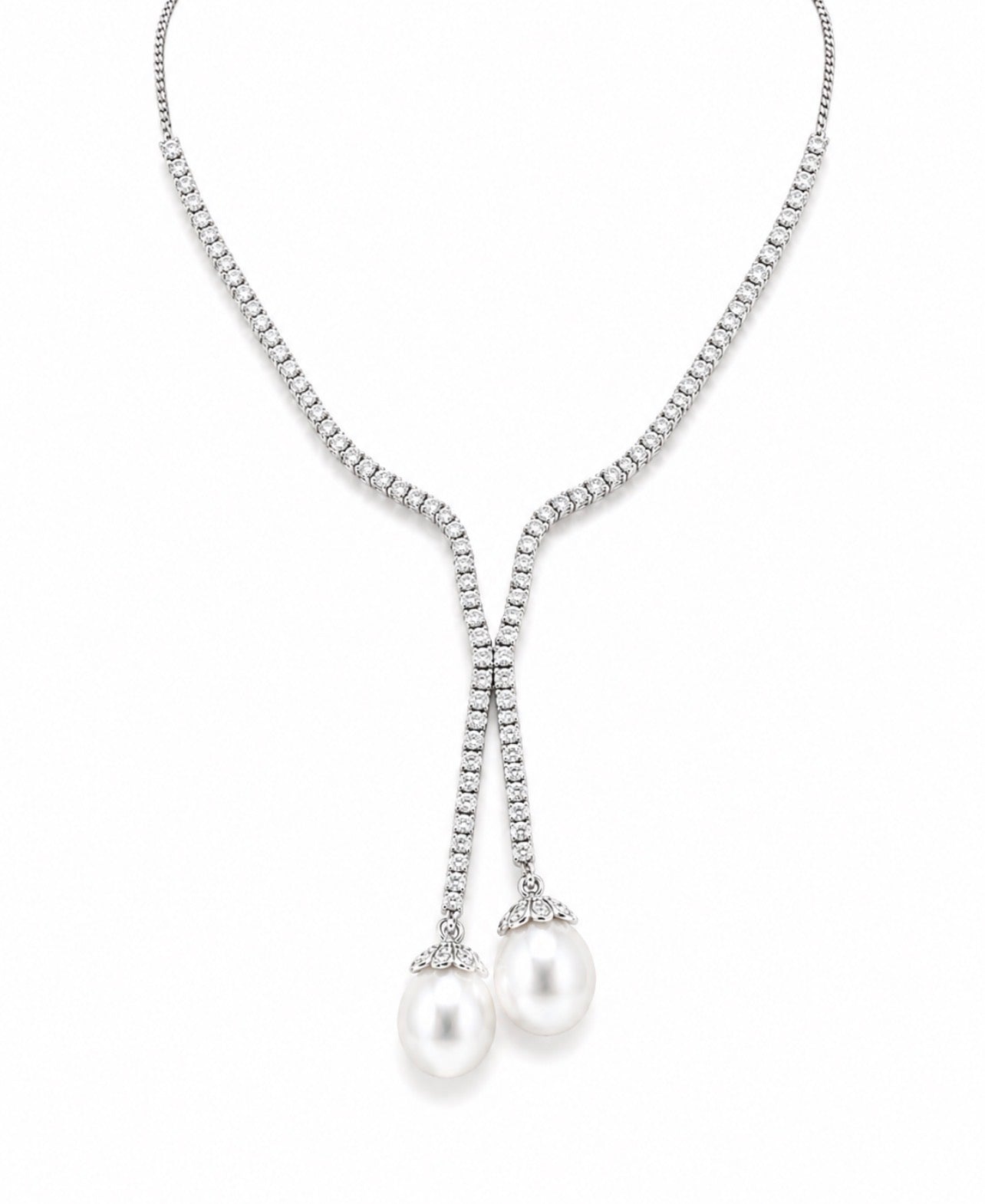 18K White Gold Diamond Tennis Lariat Necklace with South Sea Pearl Drops