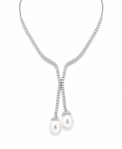 18K White Gold Diamond Tennis Lariat Necklace with South Sea Pearl Drops