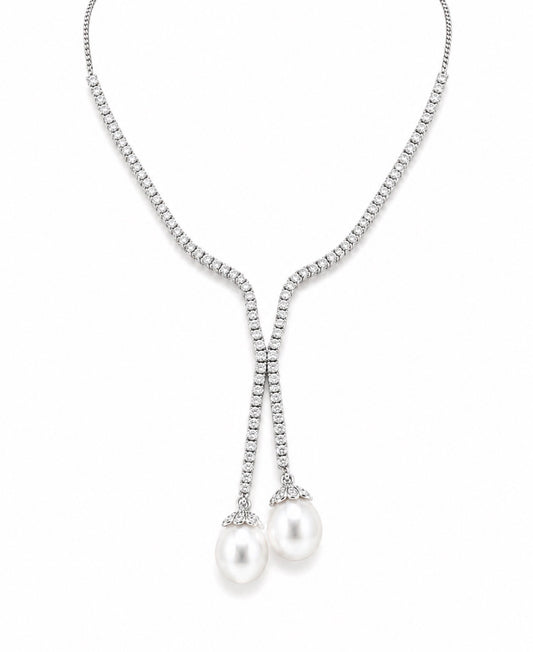 18K White Gold Diamond Tennis Lariat Necklace with South Sea Pearl Drops