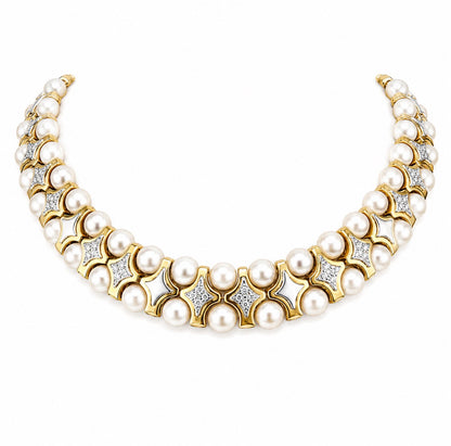 Vintage 18K Yellow Gold Pearl & Diamond Collar Necklace – Double Row Pearls