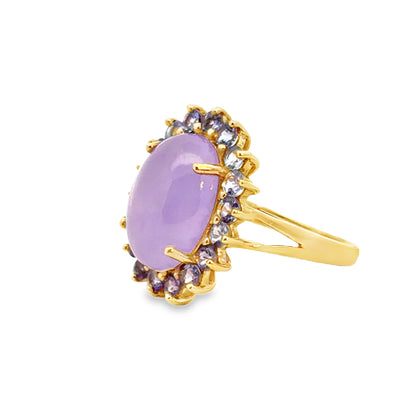 14K Yellow Gold Lavender Jade & Tanzanite Halo Ring