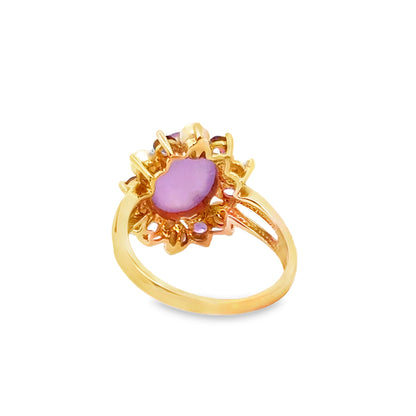 14K Yellow Gold Lavender Jade, Tanzanite & Pearl Halo Ring