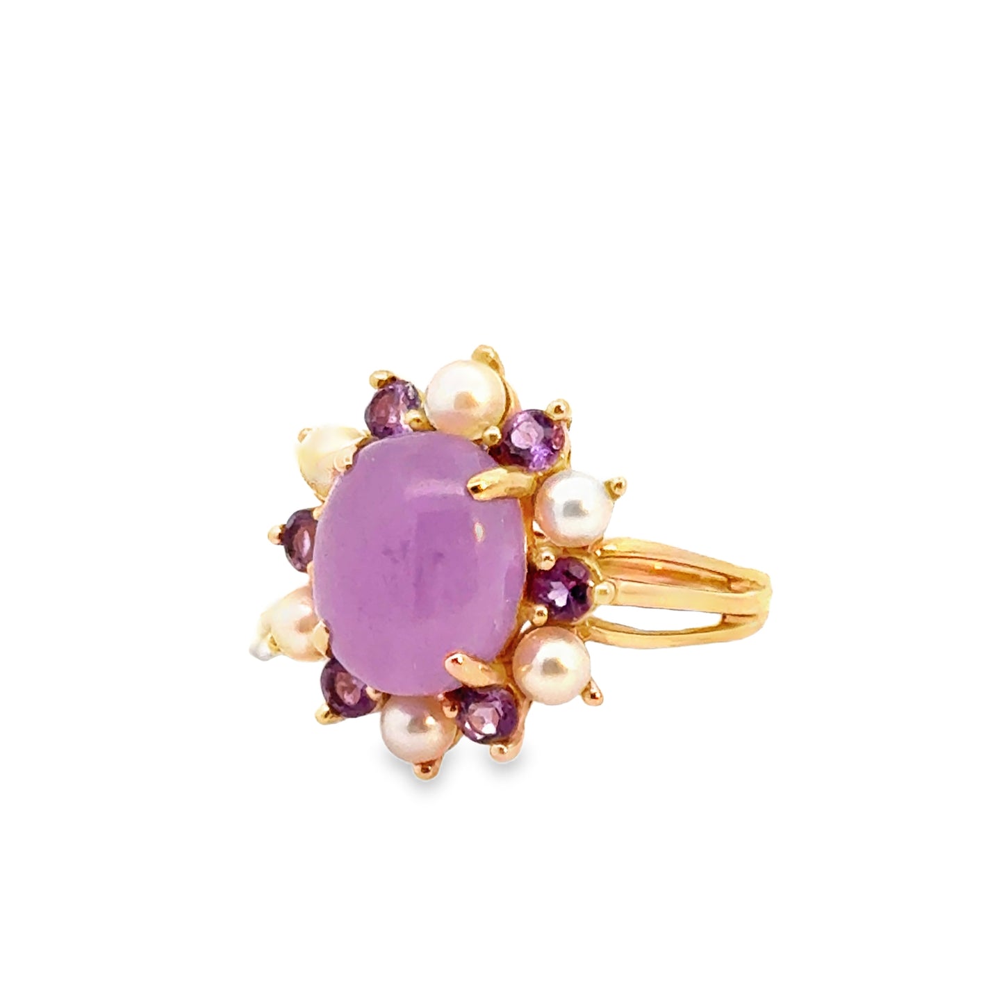 14K Yellow Gold Lavender Jade, Tanzanite & Pearl Halo Ring
