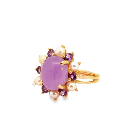 14K Yellow Gold Lavender Jade, Tanzanite & Pearl Halo Ring