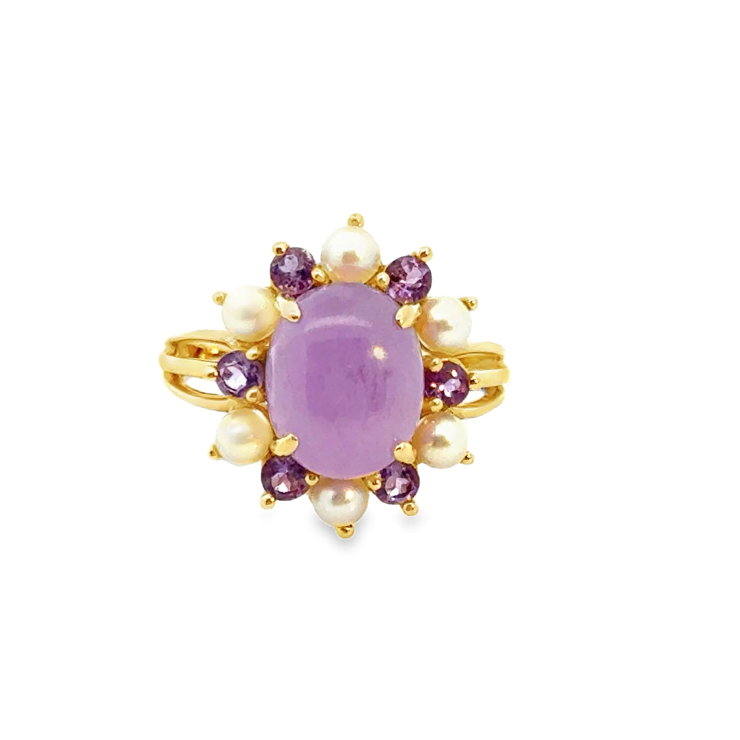 14K Yellow Gold Lavender Jade, Tanzanite & Pearl Halo Ring