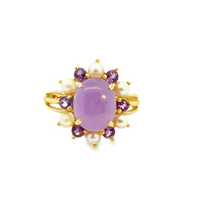 14K Yellow Gold Lavender Jade, Tanzanite & Pearl Halo Ring