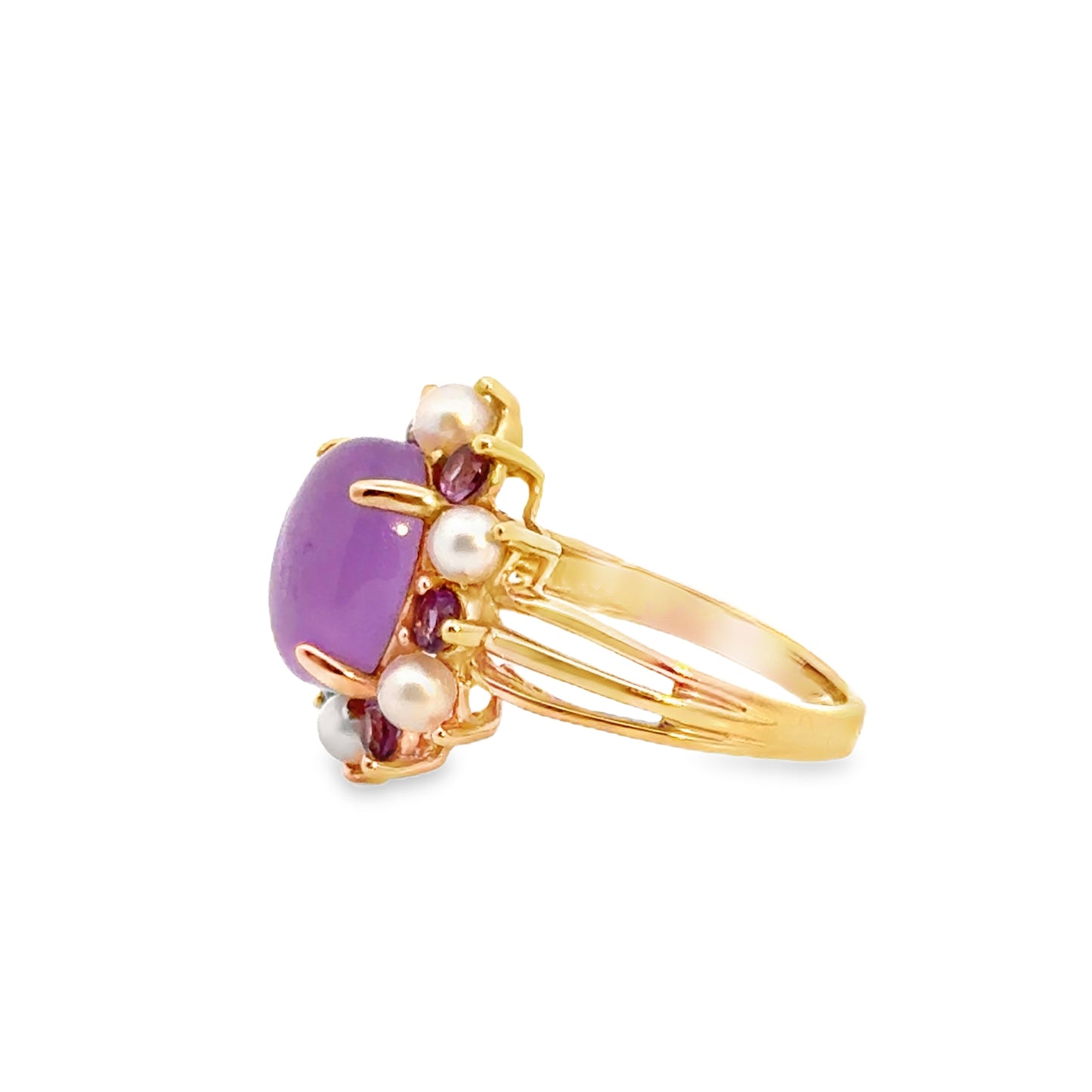 14K Yellow Gold Lavender Jade, Tanzanite & Pearl Halo Ring