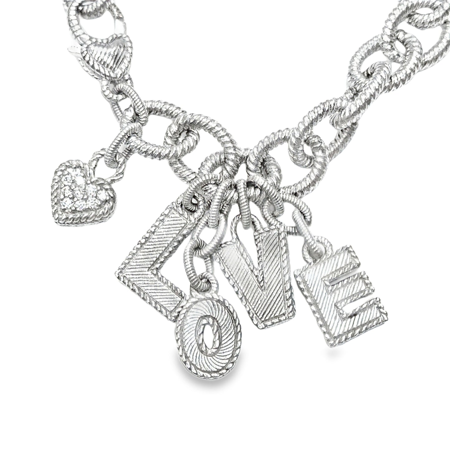 Judith Ripka Sterling Silver LOVE Charm Bracelet with Diamond Heart