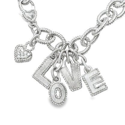 Judith Ripka Sterling Silver LOVE Charm Bracelet with Diamond Heart