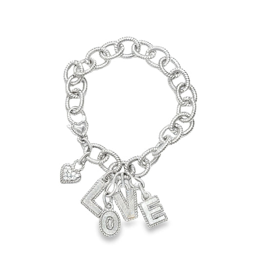 Judith Ripka Sterling Silver LOVE Charm Bracelet with Diamond Heart