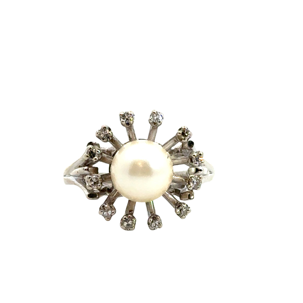 14K White Gold Pearl & Diamond Halo Ring – Elegant Floral Design