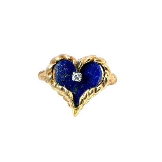 14K Yellow Gold Lapis Lazuli Heart Ring with Diamond Accent