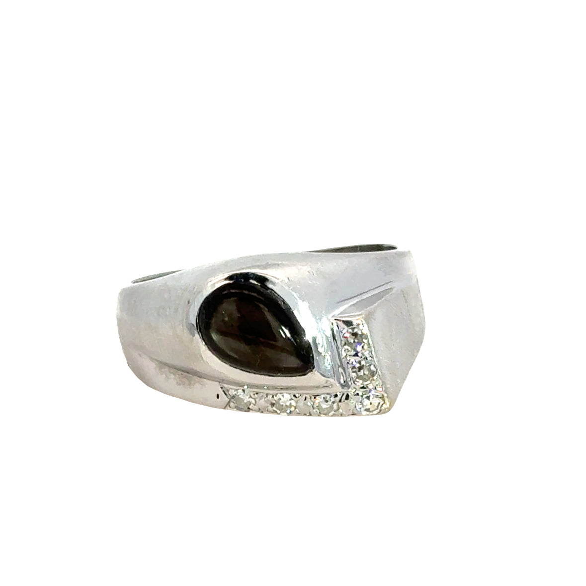 14K White Gold Hematite Cabochon Men’s Ring with Diamonds