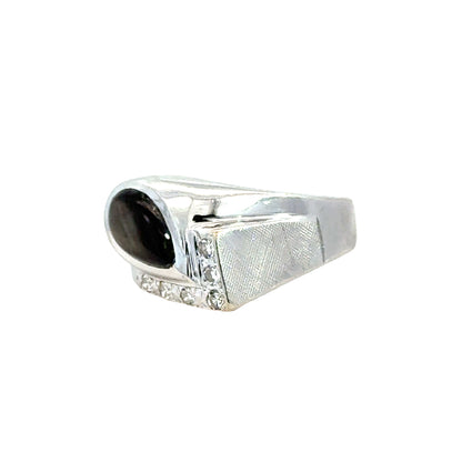 14K White Gold Hematite Cabochon Men’s Ring with Diamonds