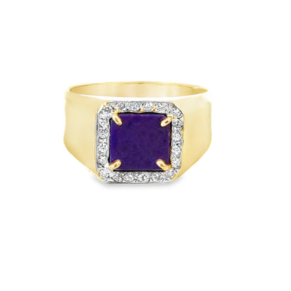 Elegant 14K Yellow Gold Purple Center Stone & Diamond Halo Men’s Ring