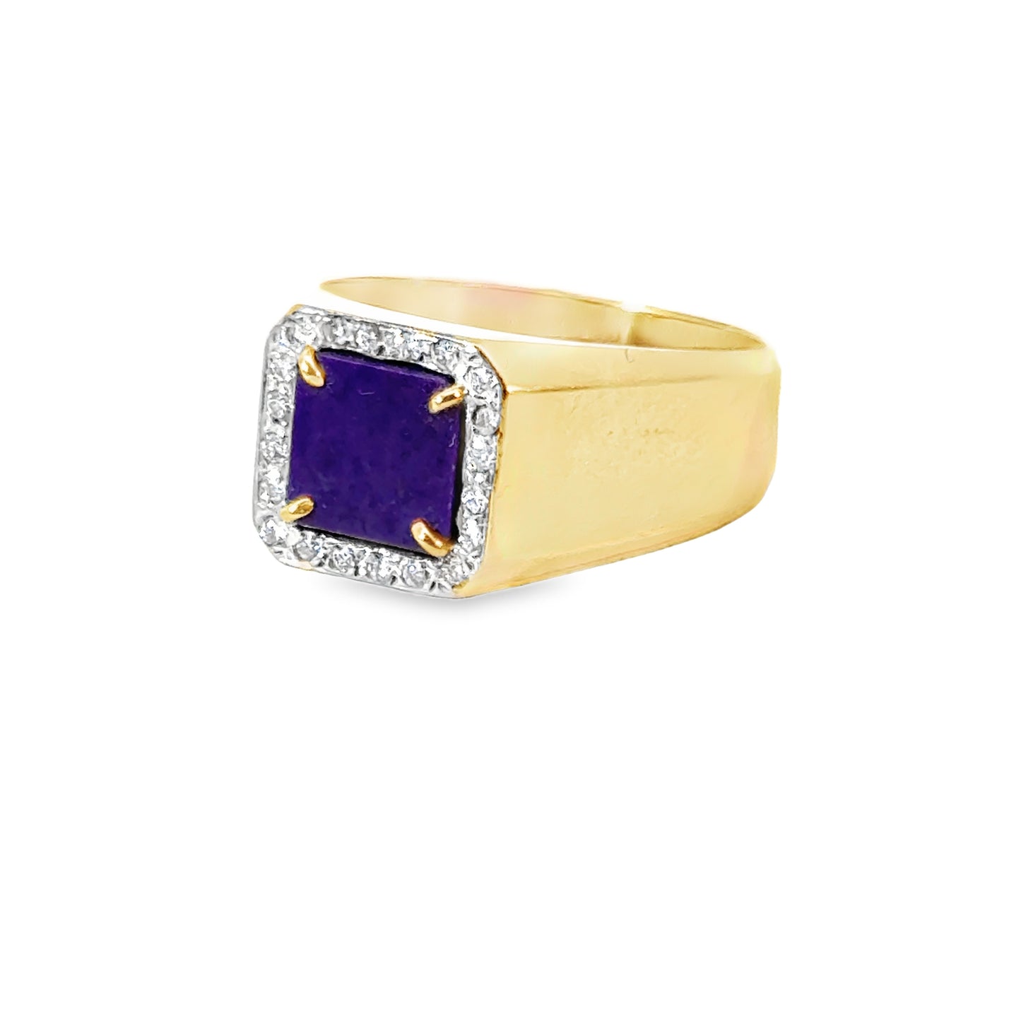 Elegant 14K Yellow Gold Purple Center Stone & Diamond Halo Men’s Ring