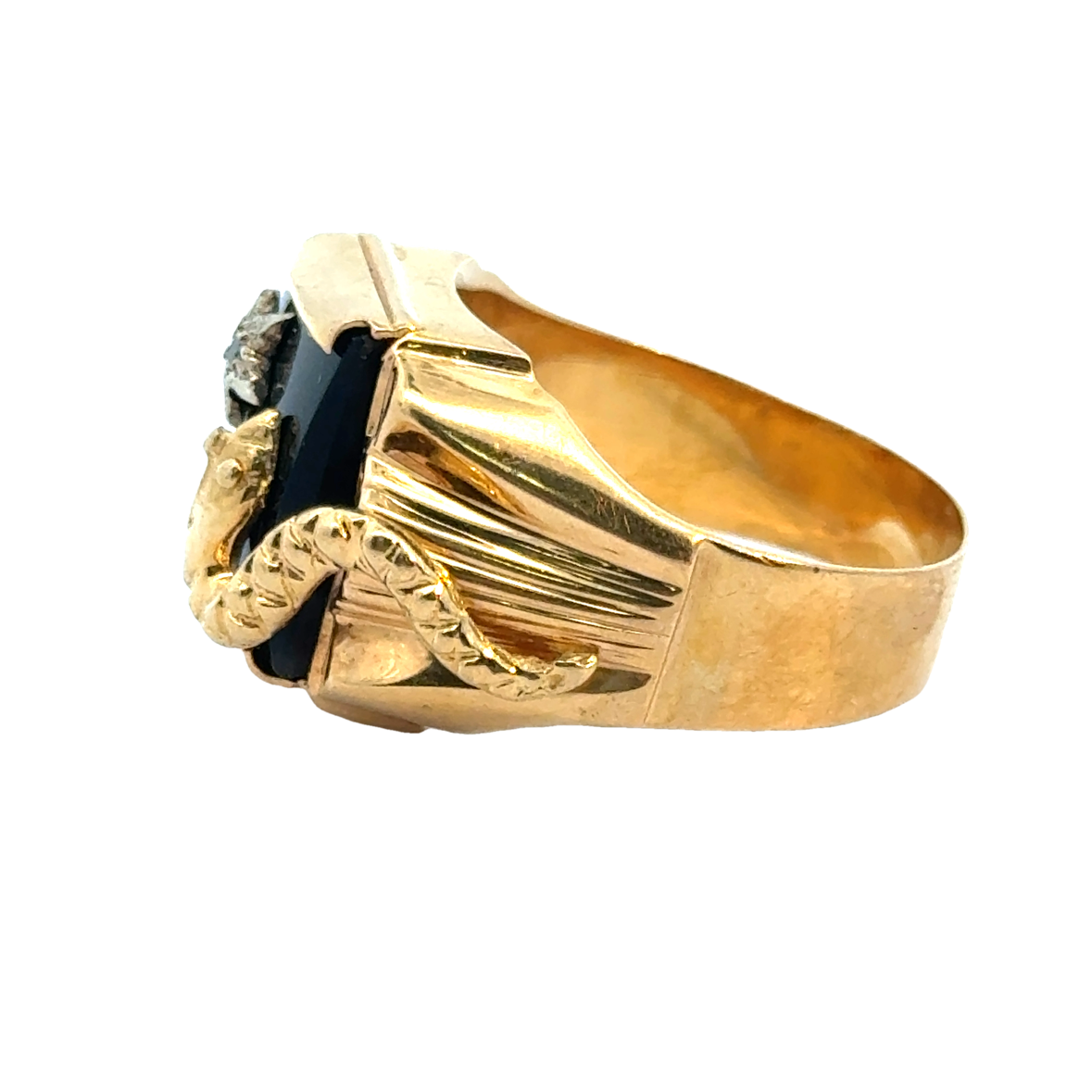 18K Yellow Gold Onyx & Diamond Serpent Men’s Ring