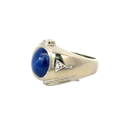 Estate 14K White Gold Star Sapphire & Diamond Men’s Ring