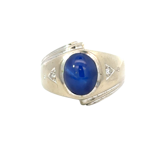 Estate 14K White Gold Star Sapphire & Diamond Men’s Ring