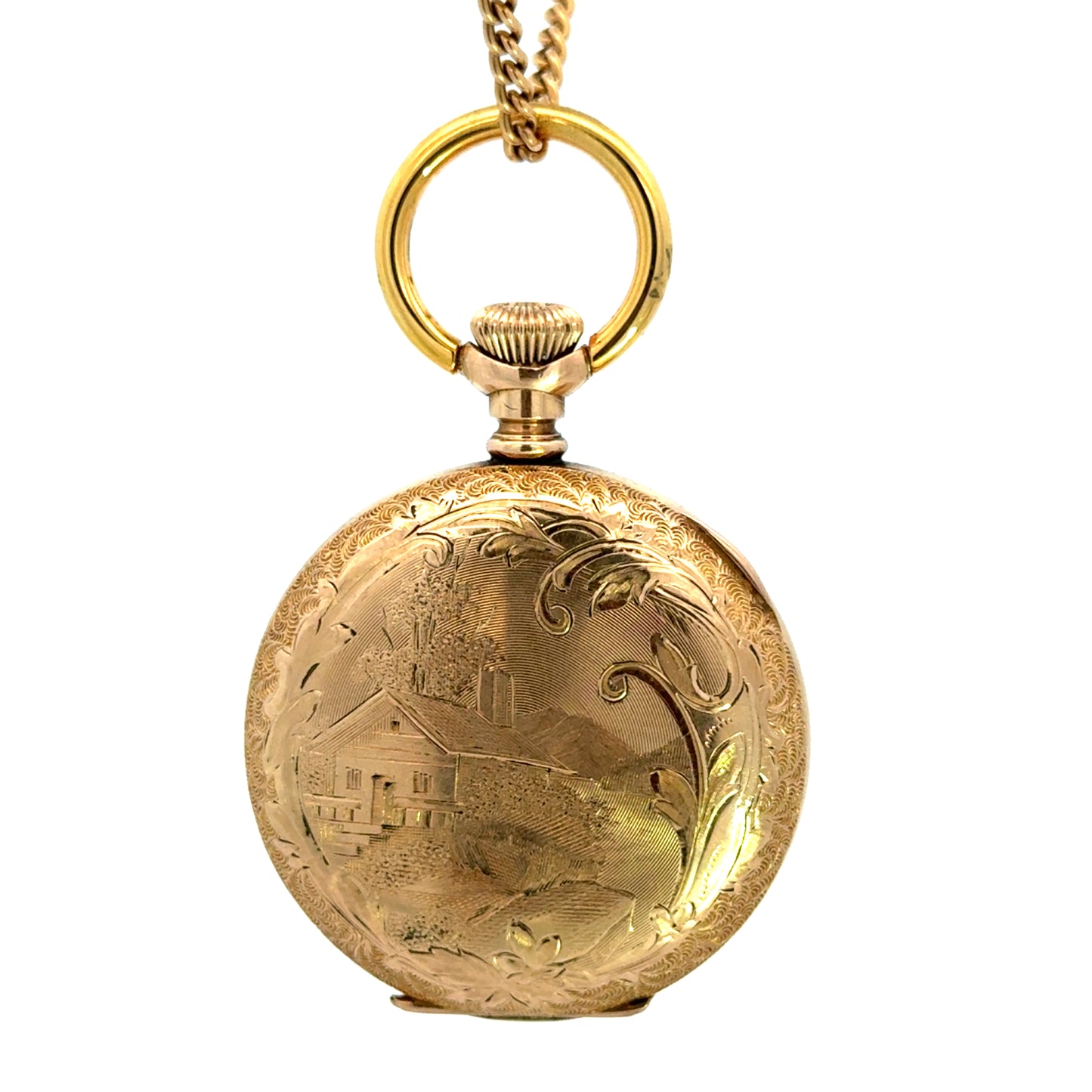 Edwardian 1900-1910 Elgin Pocket Watch Gold Filled Scenic Engraved Hunter Case