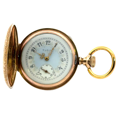 Edwardian 1900-1910 Elgin Pocket Watch Gold Filled Scenic Engraved Hunter Case