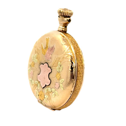 Antique Elgin 14K Yellow Gold Pocket Watch – Multicolor Floral & Bird Case – Victorian Era