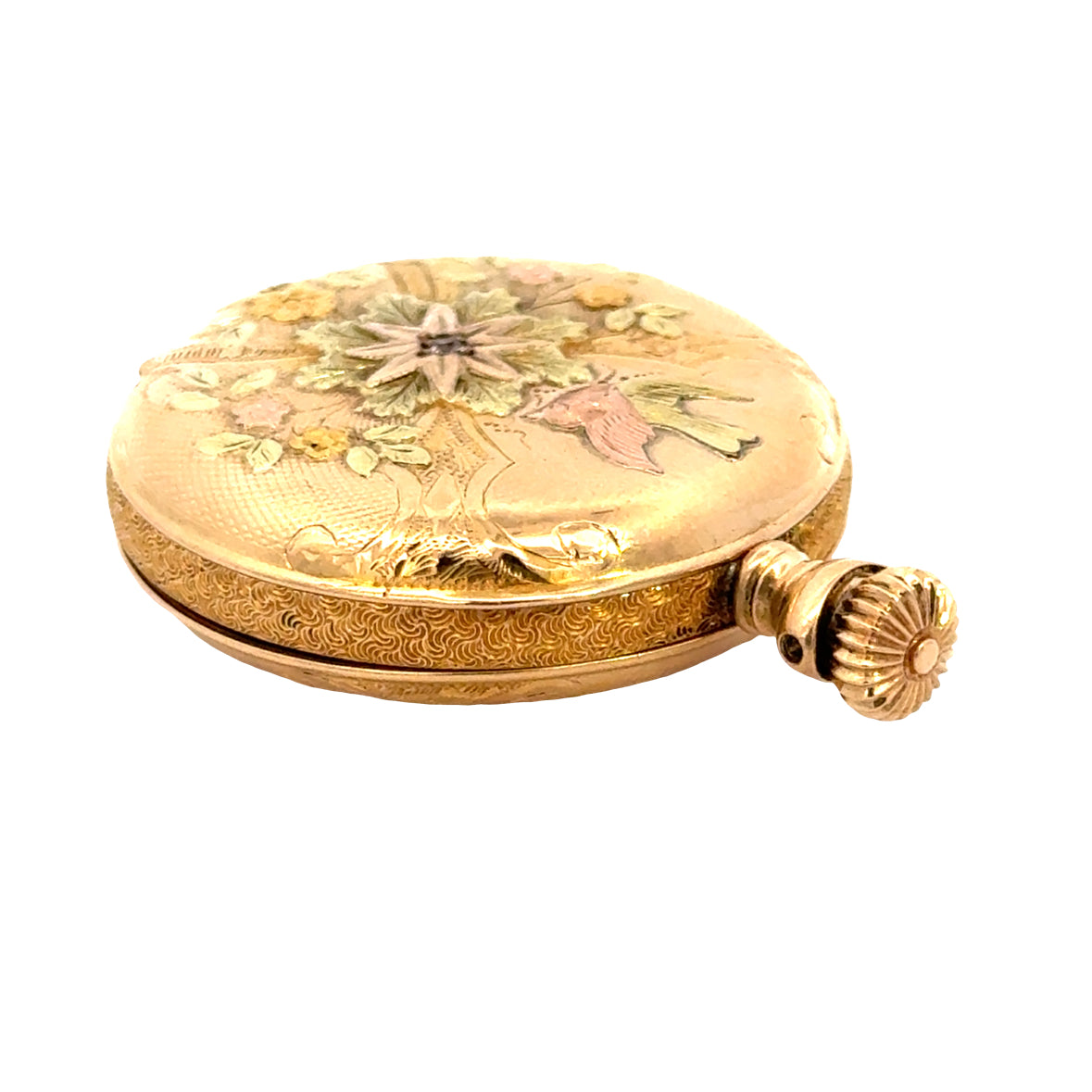 Antique Elgin 14K Yellow Gold Pocket Watch – Multicolor Floral & Bird Case – Victorian Era