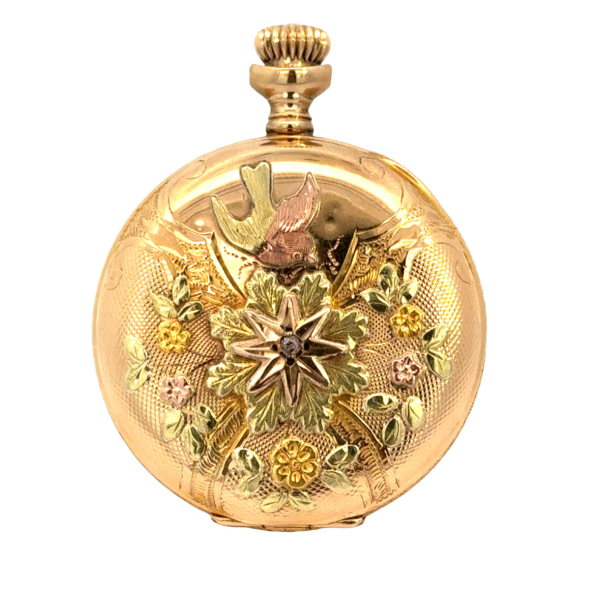 Antique Elgin 14K Yellow Gold Pocket Watch – Multicolor Floral & Bird Case – Victorian Era