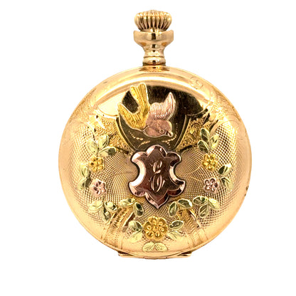 Antique Elgin 14K Yellow Gold Pocket Watch – Multicolor Floral & Bird Case – Victorian Era