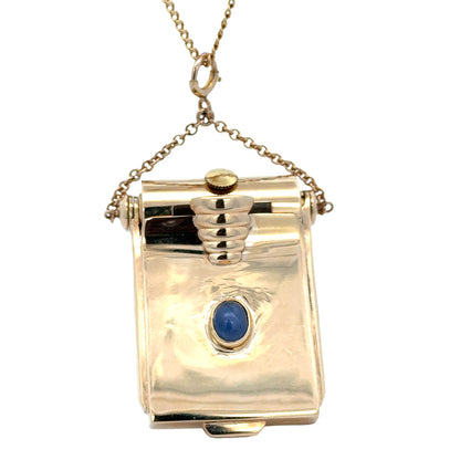 Vintage 14K Gold Picture Locket With Sapphire Cabochon & Miniature Watch