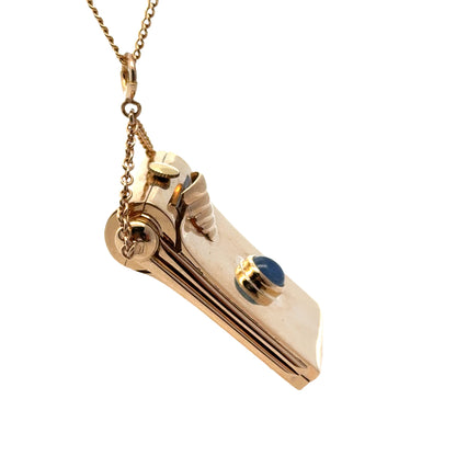 Vintage 14K Gold Picture Locket With Sapphire Cabochon & Miniature Watch