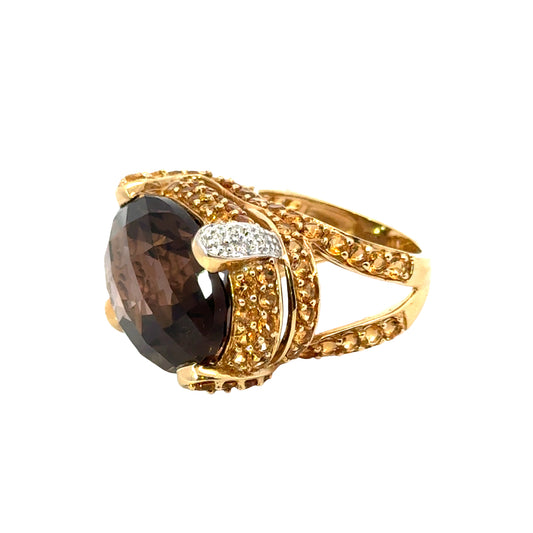 14K Yellow Gold Smoky Topaz & Yellow Topaz Dome Ring with Diamonds