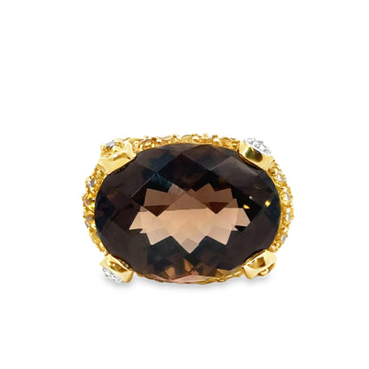 14K Yellow Gold Smoky Topaz & Yellow Topaz Dome Ring with Diamonds