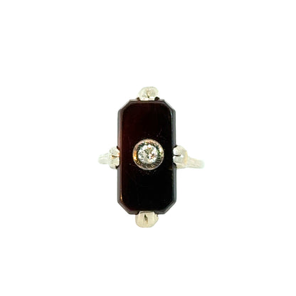 Art Deco 14K White Gold Onyx & Diamond Ring